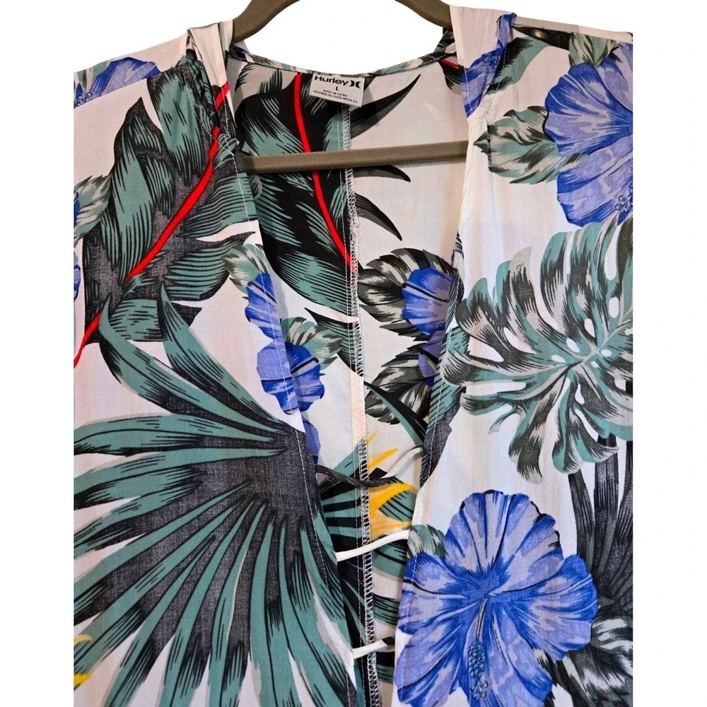 Hurley Women Tropical Floral Hooded Lace Up Beach Cover Up Dress White Blue L
